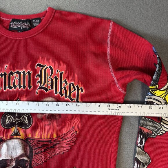 VTG Sapphire lounge American Biker Thermal Shirt Skull Flames Waffle Knit 90s - Picture 8 of 13